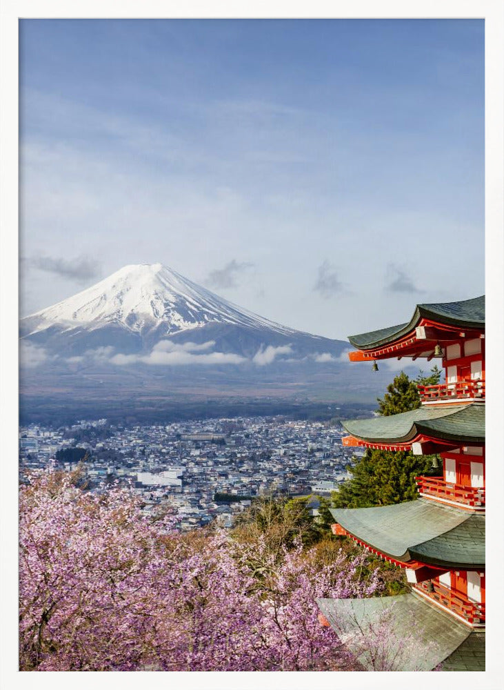 Unique view of Mount Fuji with Chureito Pagoda during cherry blossom season Poster