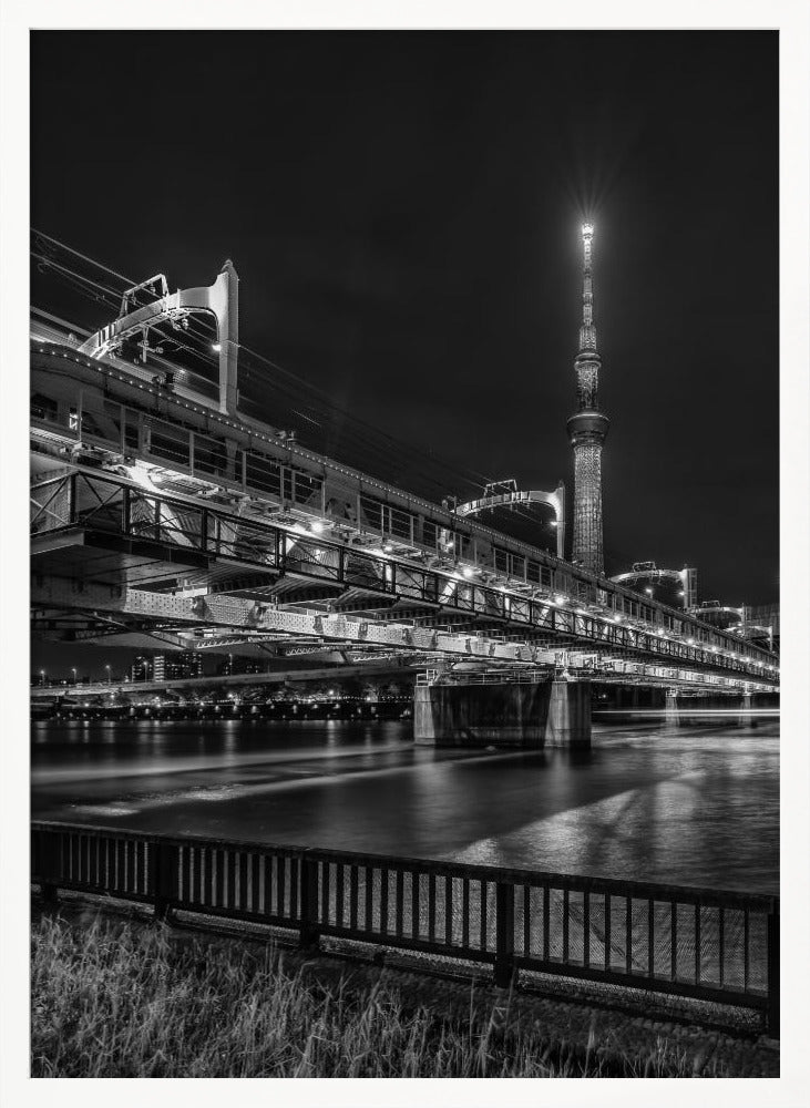 Tokyo Skytree with Sumida River Walk at night - monochrome Poster