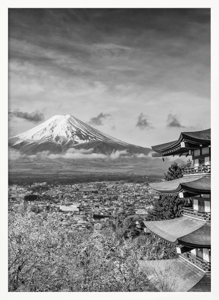 Unique view of Mount Fuji with Chureito Pagoda during cherry blossom season - monochrome Poster