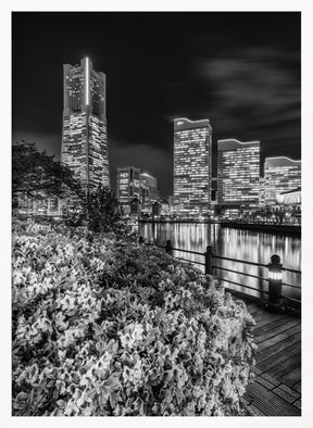 Picturesque Yokohama skyline at night - monochrome Poster