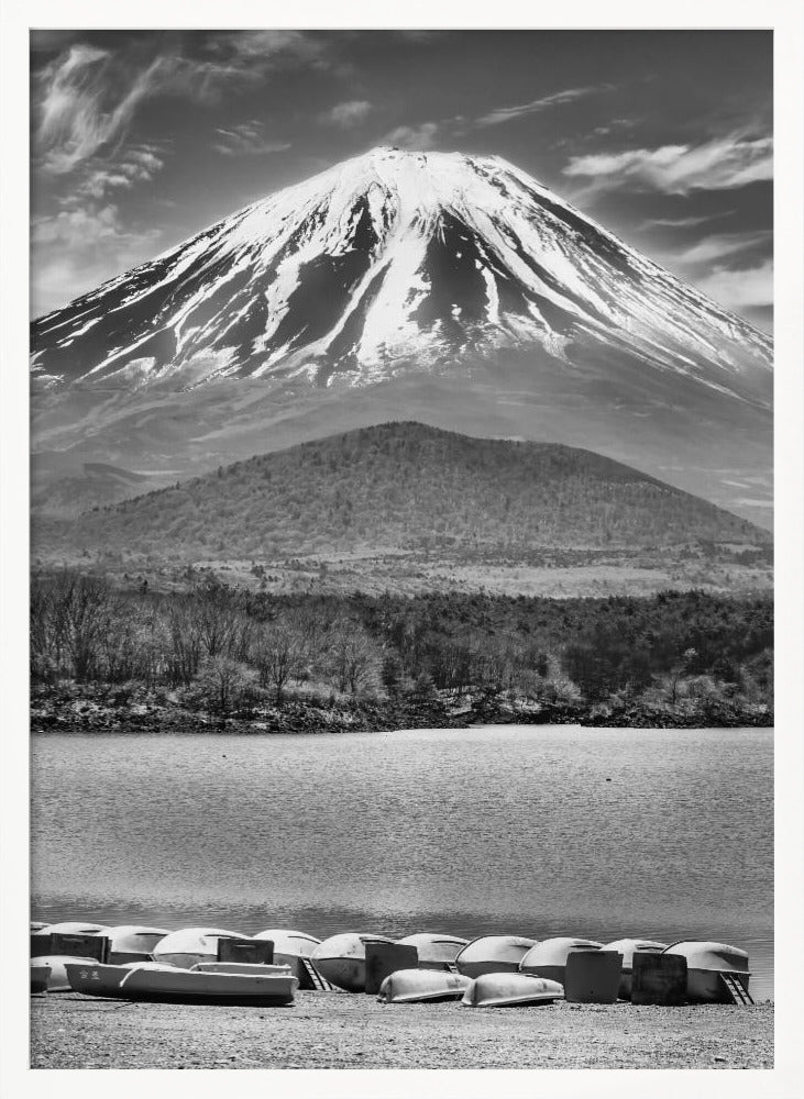 Picturesque Lake Shoji with striking Mount Fuji - monochrome Poster