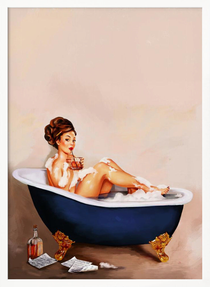 Bathtub Drinks: Pinup Girl Drinking In Bathroom Poster