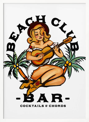 Beach Club Bar. Sailor Jerry Style Pin-up Girl Playing Guitar Poster