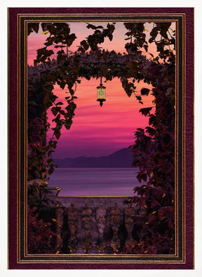 Sunset view with ornate &amp; gold burgundy frame Poster