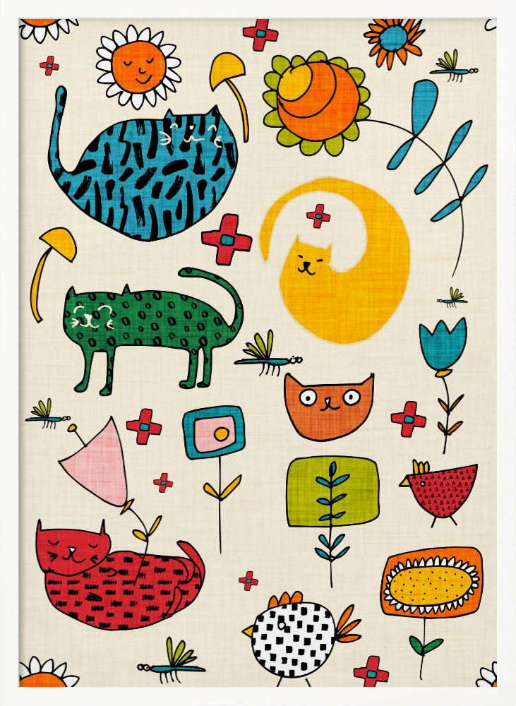 Spring Cat Beige - Cute Whimsical Cats with Flowers Poster