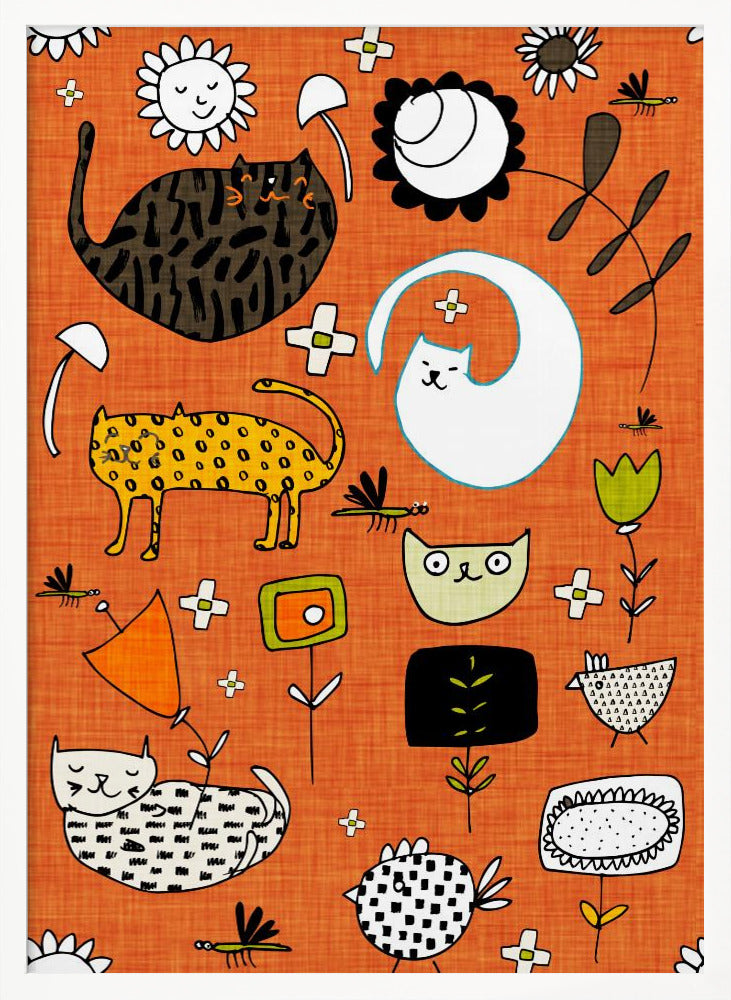 Spring Cat Orange - Cute Whimsical Cats with Flowers Poster