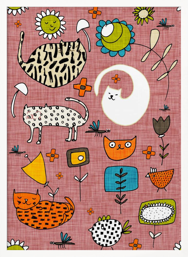 Spring Cat Pink - Cute Whimsical Cats with Flowers Poster