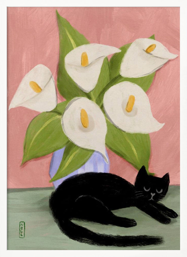 Lilies In a Vase and a Black Cat  - Still Life Illustration Poster