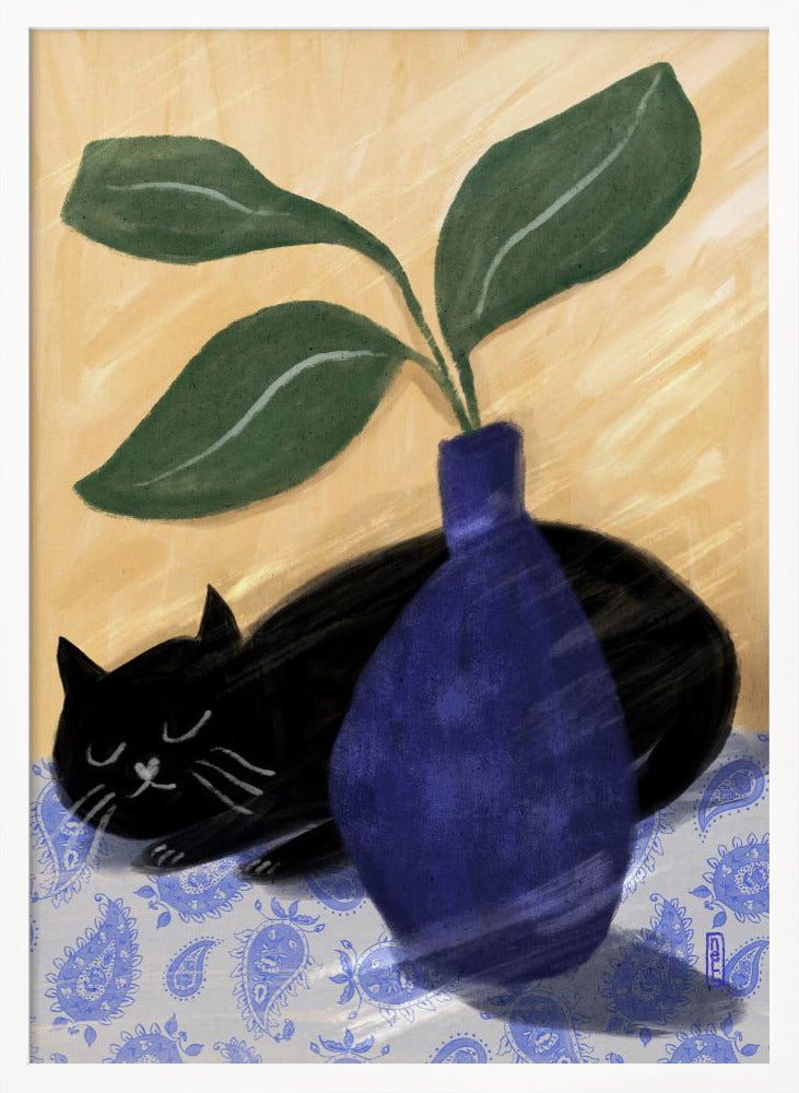 Sleeping Black Cat On Paisly Lia Illustration Poster