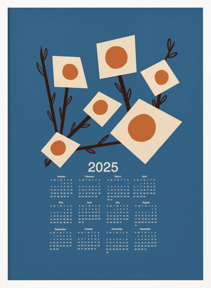 Sunburst Blossoms Blue 2025 Mid Century Calendar Poster