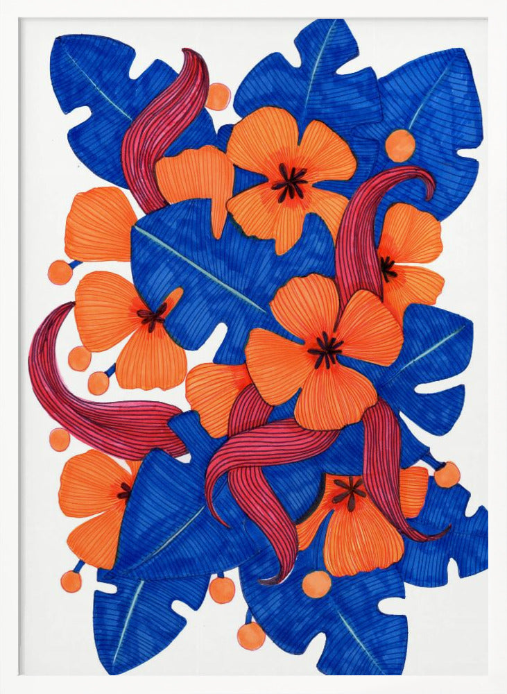 Hawaiian Orange and Blue Florals Poster