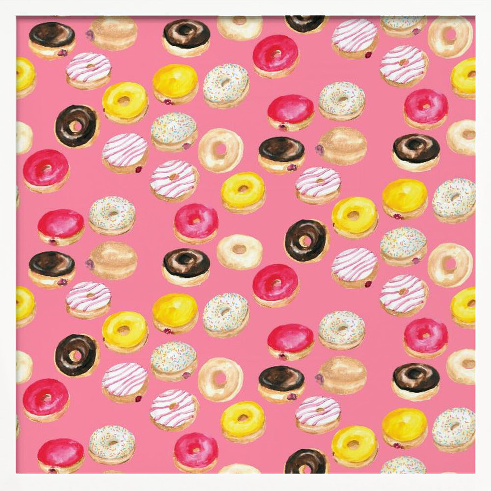 Watercolor donuts pattern in hot pink Poster