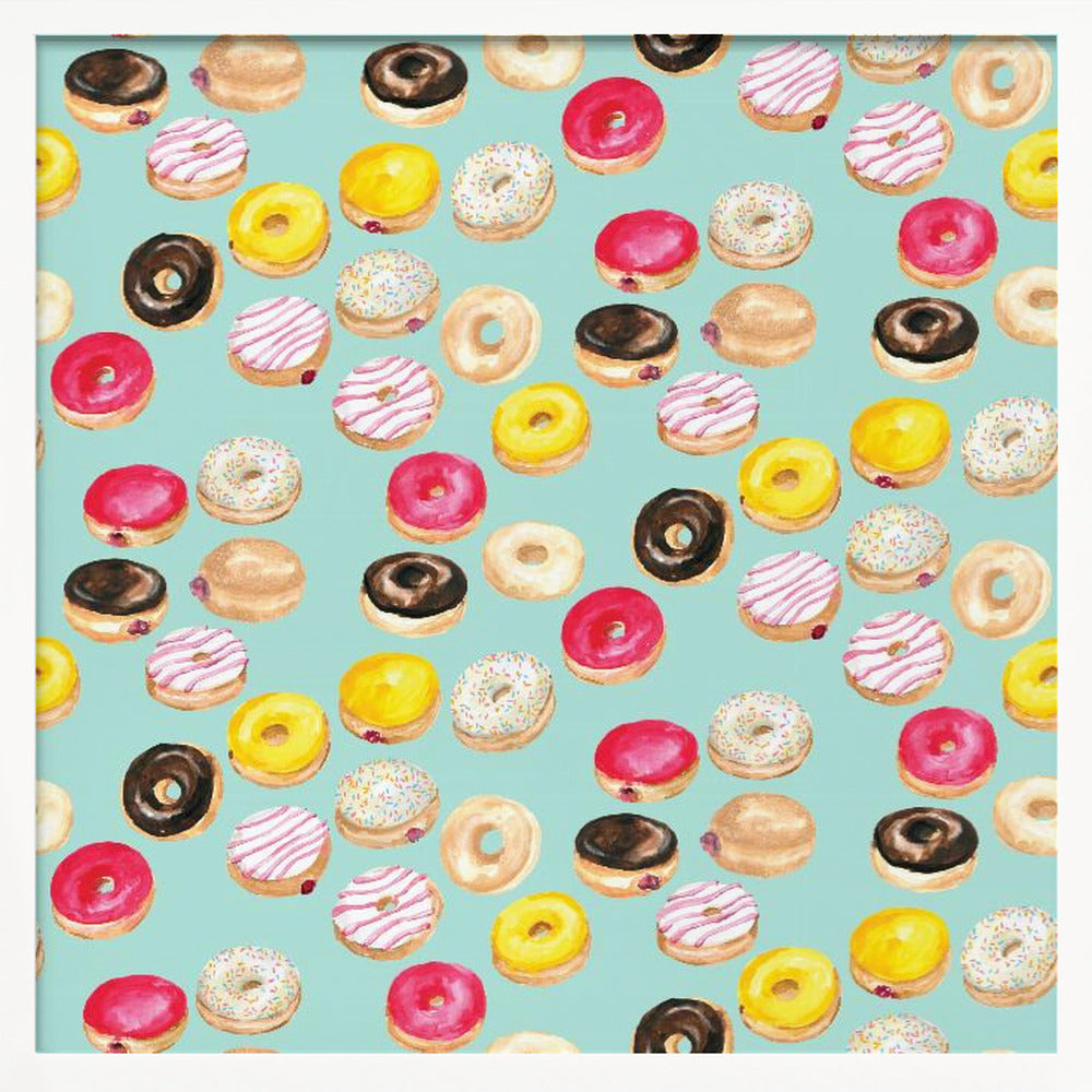 Watercolor donuts pattern in aqua Poster