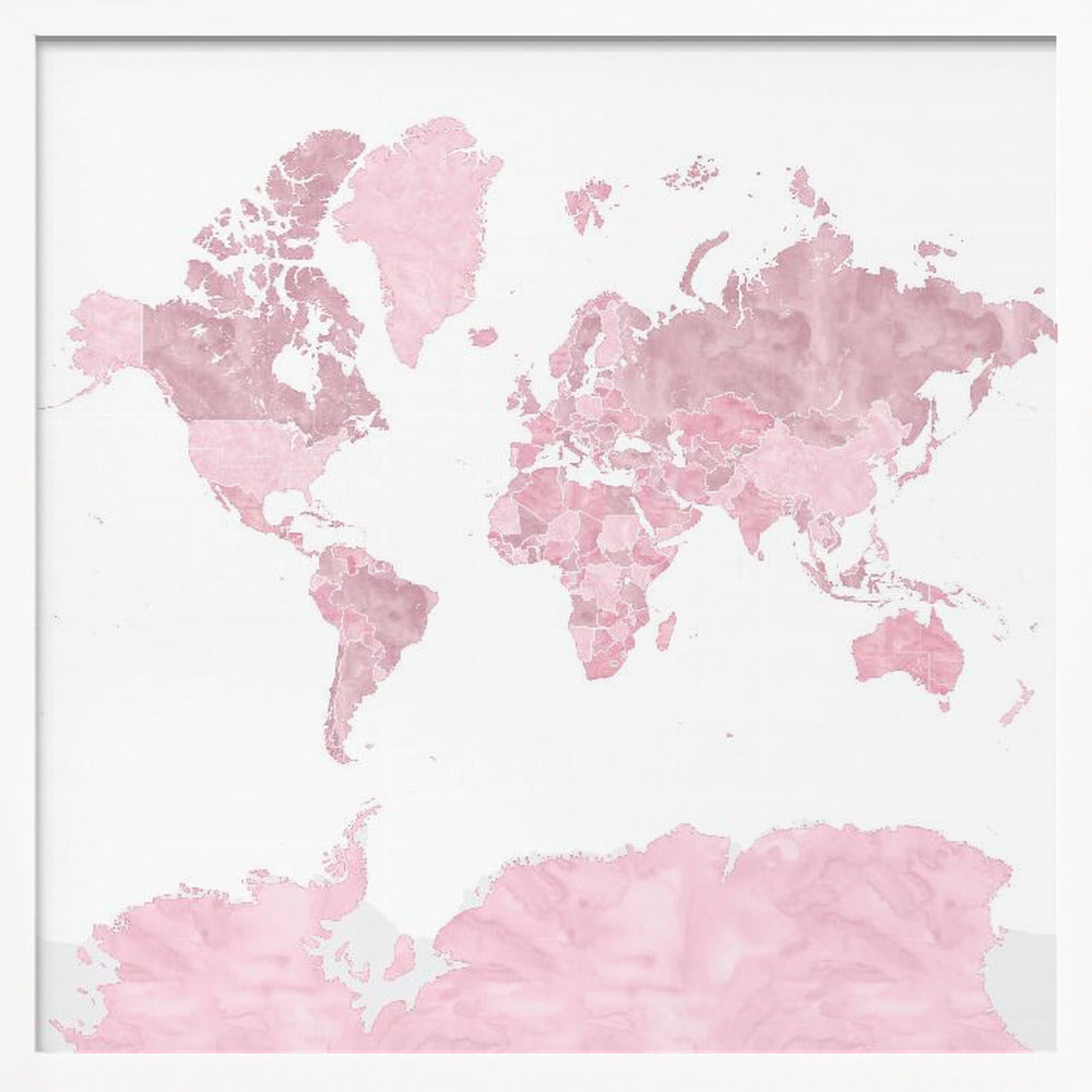 Pink watercolor world map with outlined countries, Melit Poster