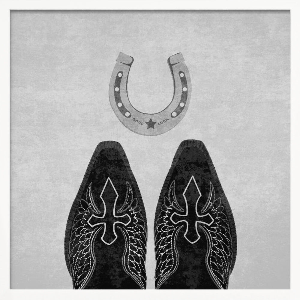 Bw Cowboy Boots and Horseshoe Poster