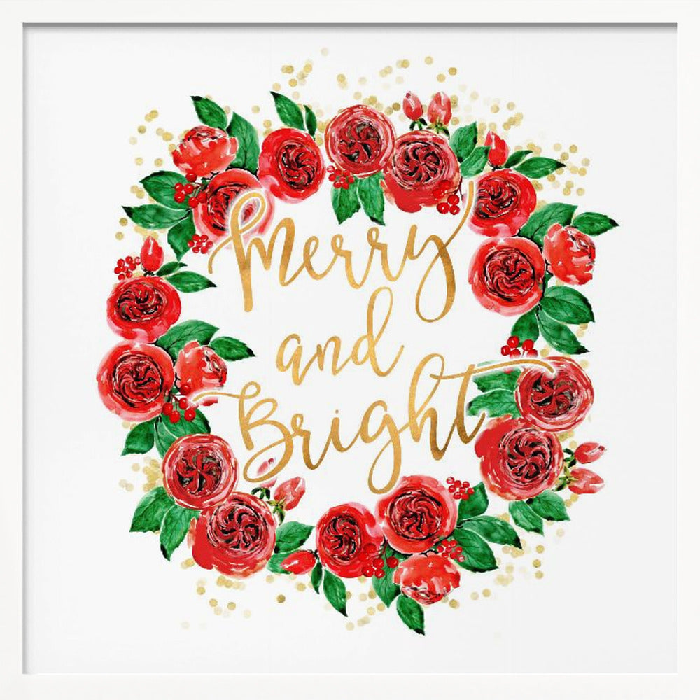 Merry and bright wreath of red English roses Poster