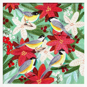 Winter birds tits and Christmas flowers Poster