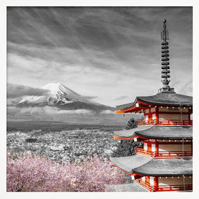 Lovely view of Mount Fuji with Chureito Pagoda during cherry blossom season - colorkey Poster