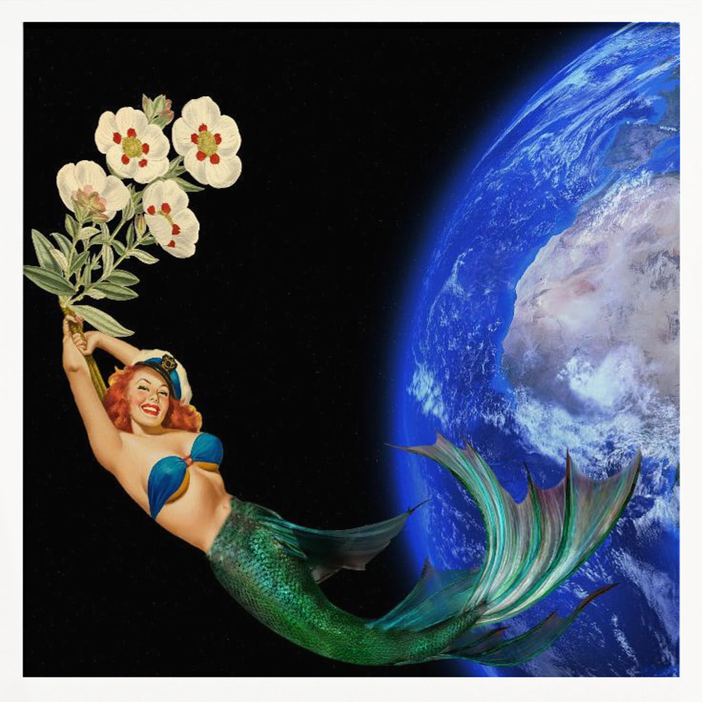 Swimming Away - Surreal Collage - Mermaid on Space Poster