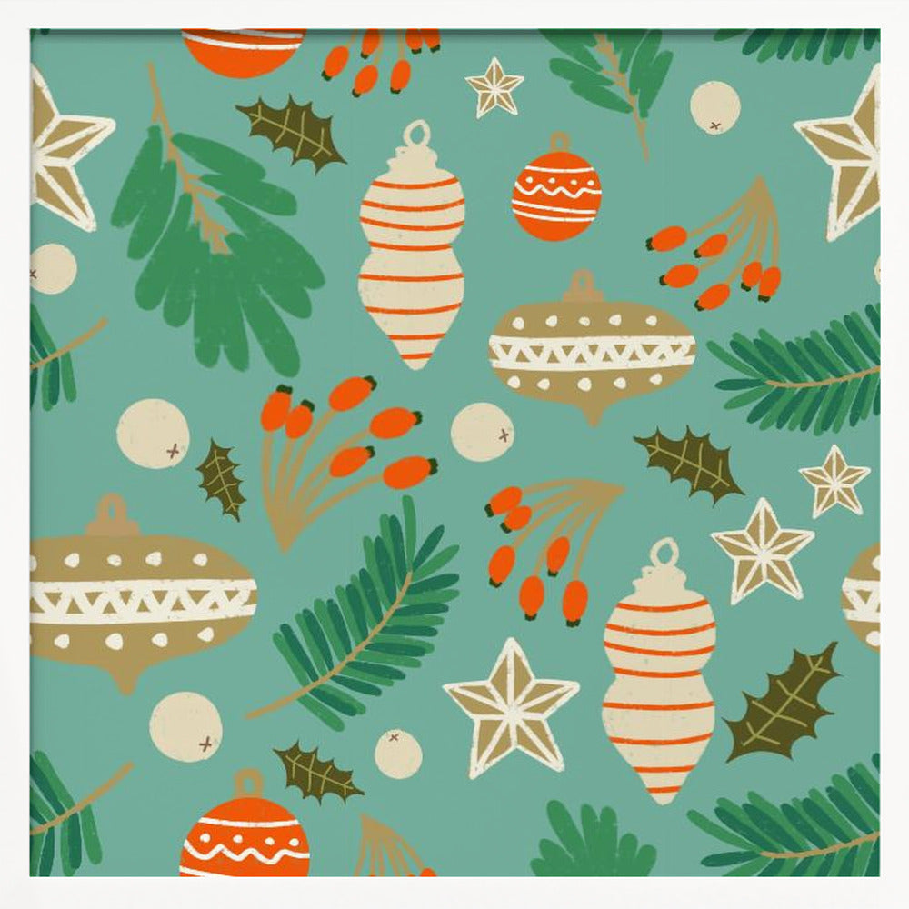 Christmas Baubles and Winter Foliage Retro Blue Poster