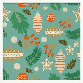 Christmas Baubles and Winter Foliage Retro Blue Poster