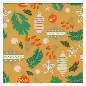 Christmas Baubles and Winter Foliage Yellow Poster