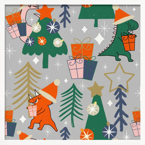 Dinosaurs Christmas Party Grey Poster