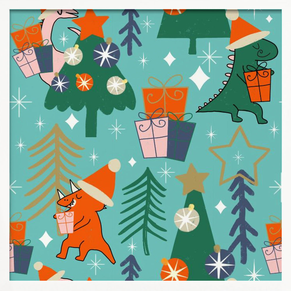 Dinosaurs Christmas Party Baby Blue Poster