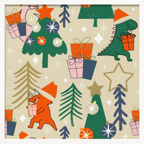 Dinosaurs Christmas Party Beige Poster