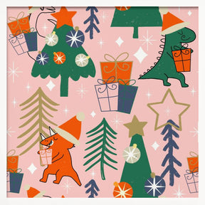 Dinosaurs Christmas Party Pink Poster