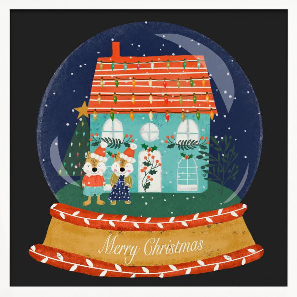 Christmas Snow Globe Village with Fox Family  - Merry Christmas Poster