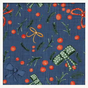 Moody Yuletide Holiday Bows and Berries Blue Poster