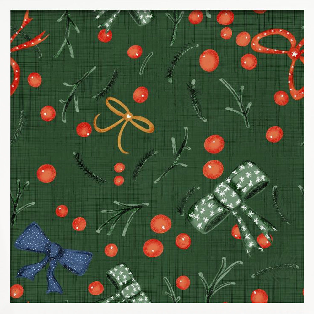 Moody Yuletide Holiday Bows and Berries Green Poster