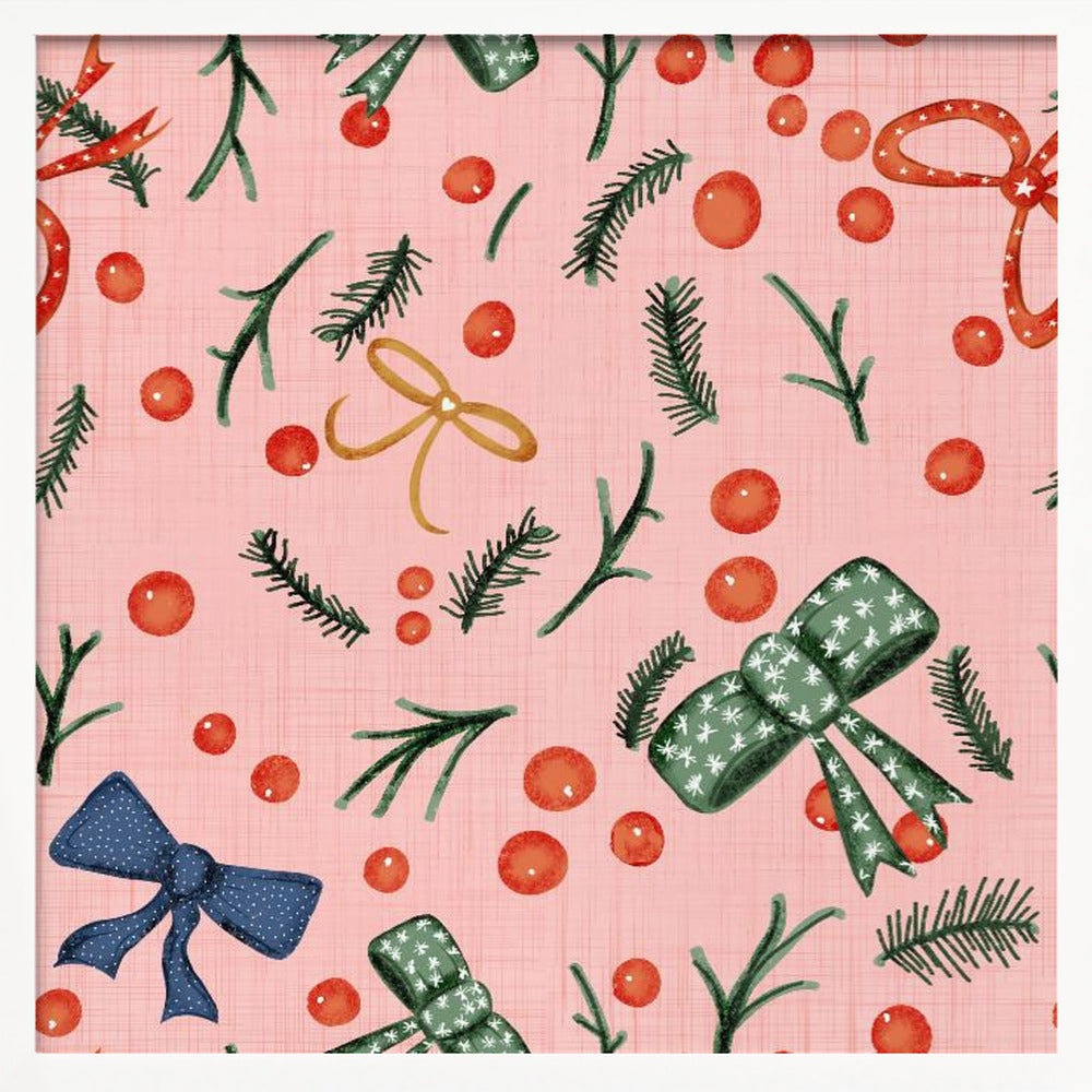 Moody Yuletide Holiday Bows and Berries Pink Poster