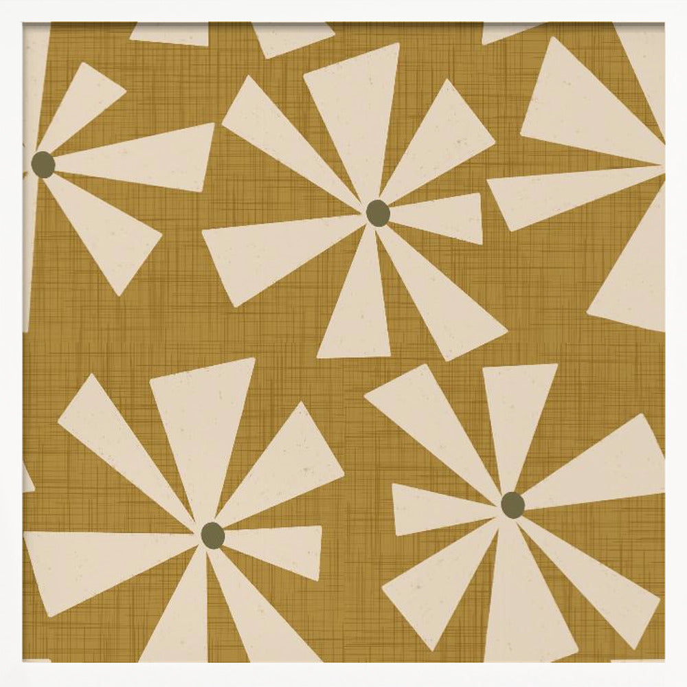 Geometric Floral Burst - Mid Century Flowers Mustard Poster