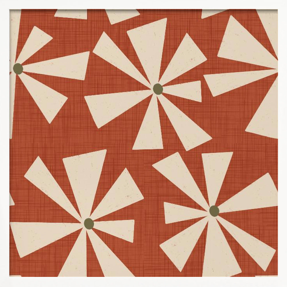 Geometric Floral Burst - Mid Century Flowers Rust Red Poster