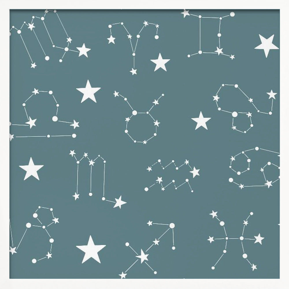 Celestial Constellation Boho-Moon and Stars In Dark Neutral-Slate Teal Poster