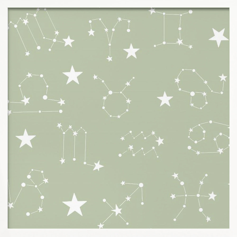 Celestial Constellation Boho-Moon and Stars In Dark Neutral- Sage Poster