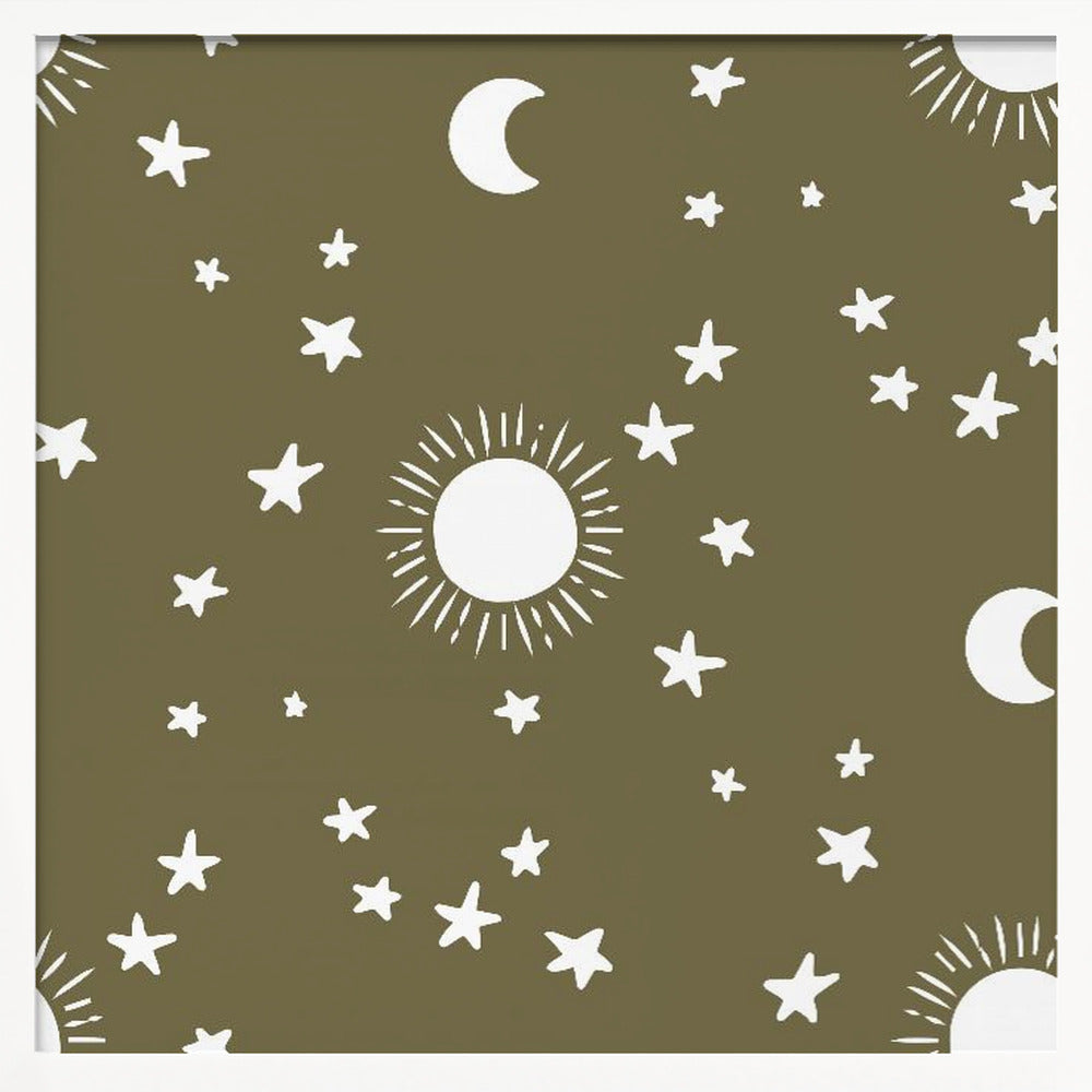 Celestial Dreamscape - Neutral Stars &amp; Shooting Stars Nursery- Olive Poster