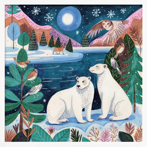 Polar bears Christmas at the North Pole under the moon Poster