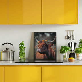 Highland Cow With Flowers Poster