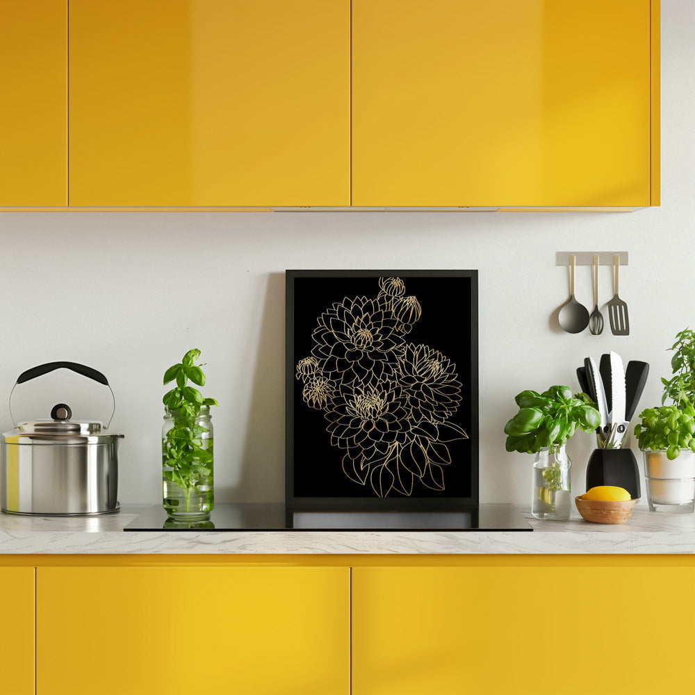 Pacey dahlias bouquet in gold and black Poster