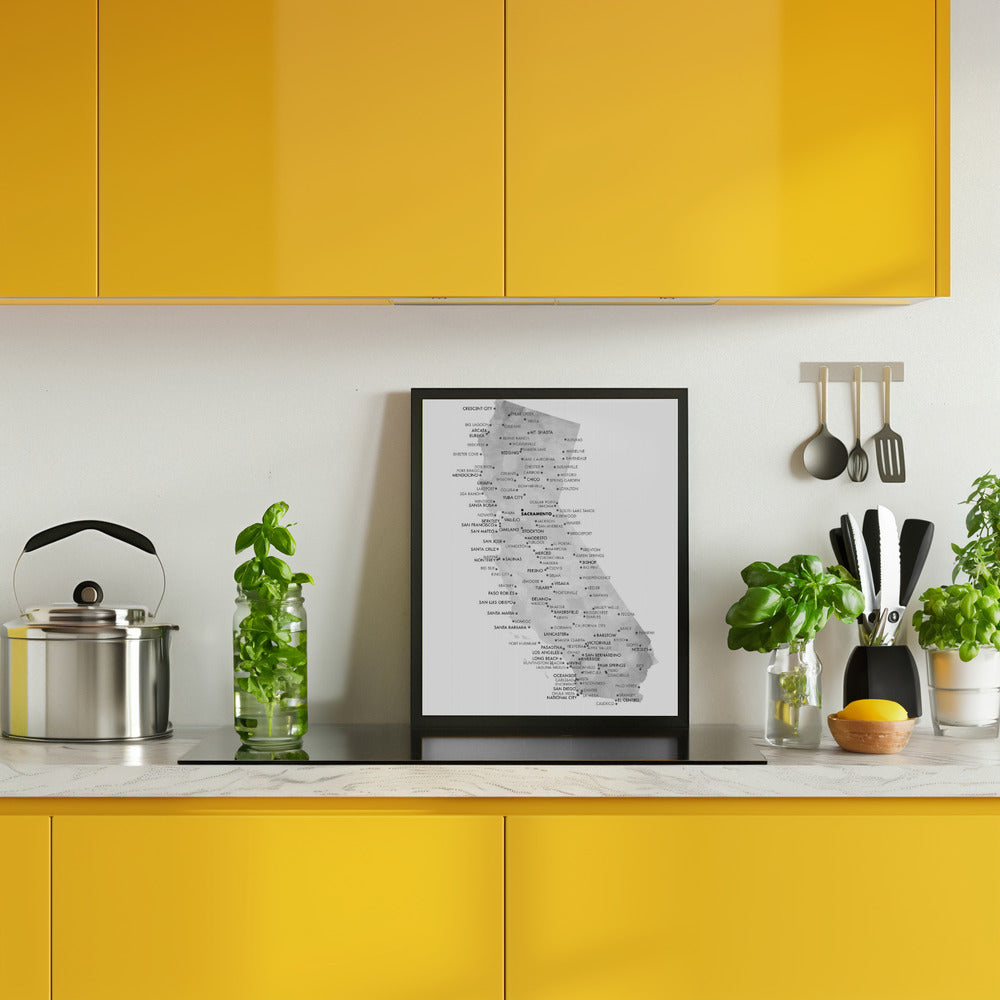 Grayscale watercolor map of California with cities Poster