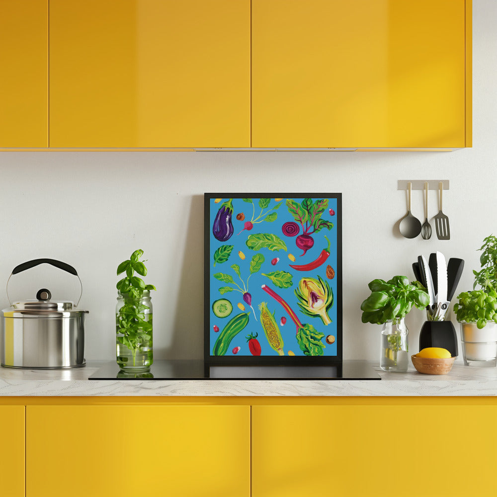 Spring Vegetables Blue Poster