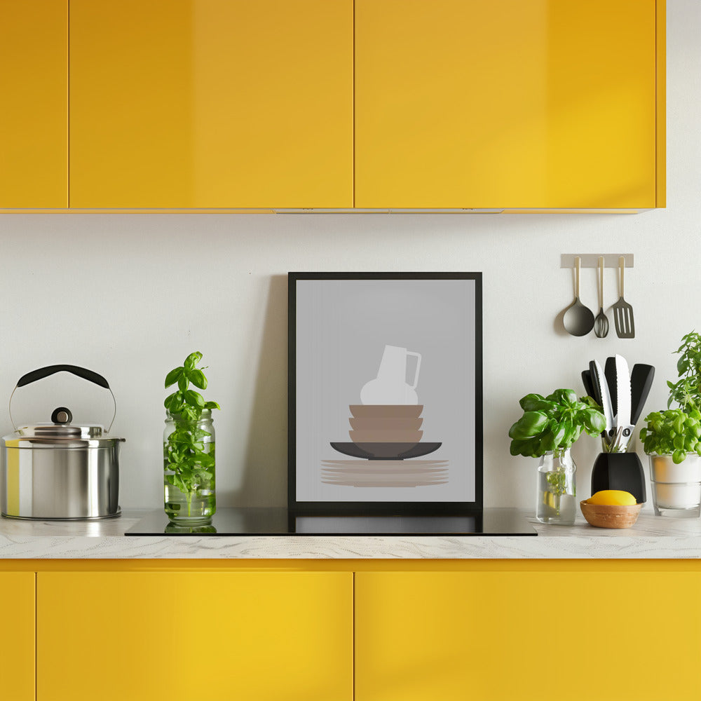 Dishes and vase in gray Poster