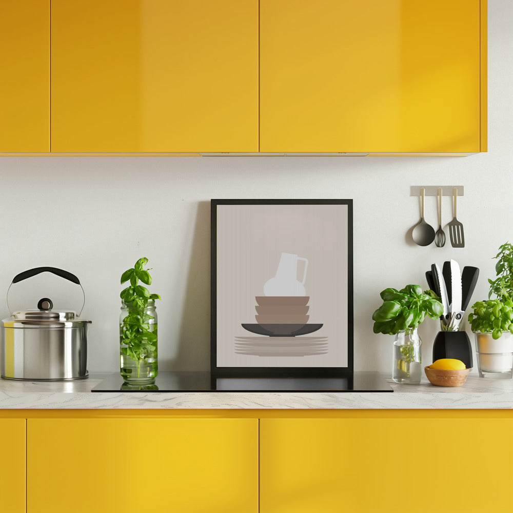 Dishes and a vase in beige Poster