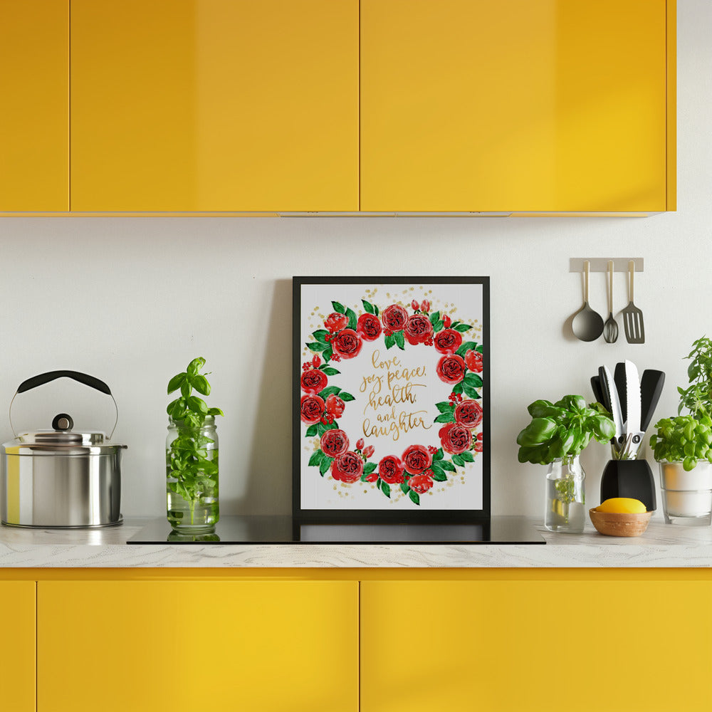 Holiday wishes wreath of red English roses Poster