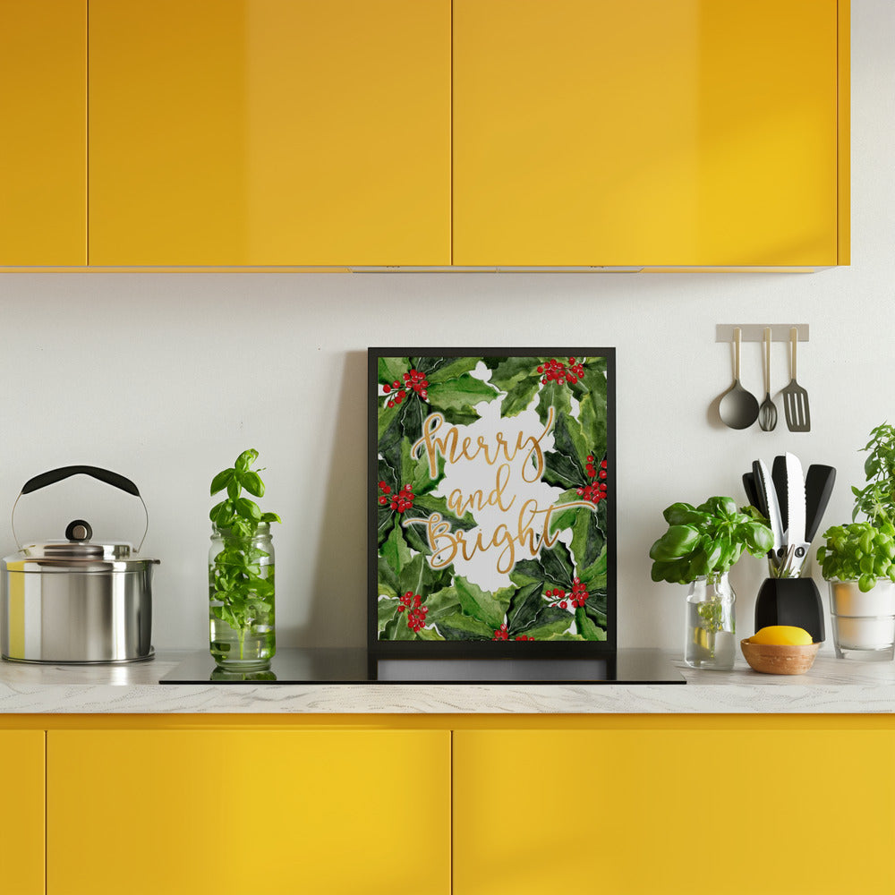 Merry and bright holly floral art Poster