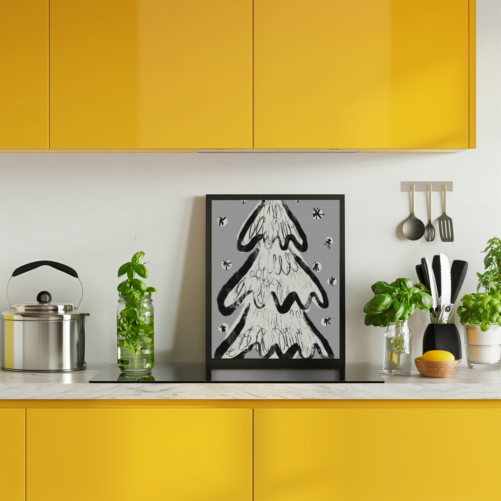 Christmas Tree And Snow Grey Poster