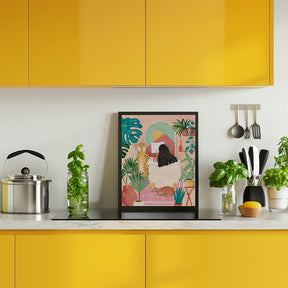 Woman taking bath in pink tropical bathroom Poster